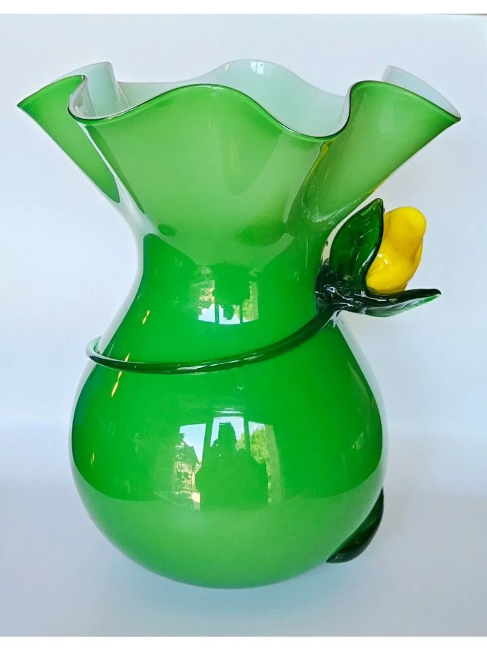 Large Hand-Blown Green Glass Vase With Yellow Flower Rose Accent & Ruffled Rim